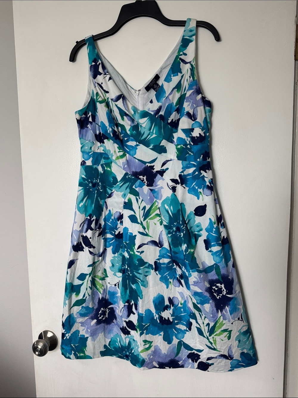 Chaps White Above the Knee Dress with Teal and Blue Floral Print Size 14